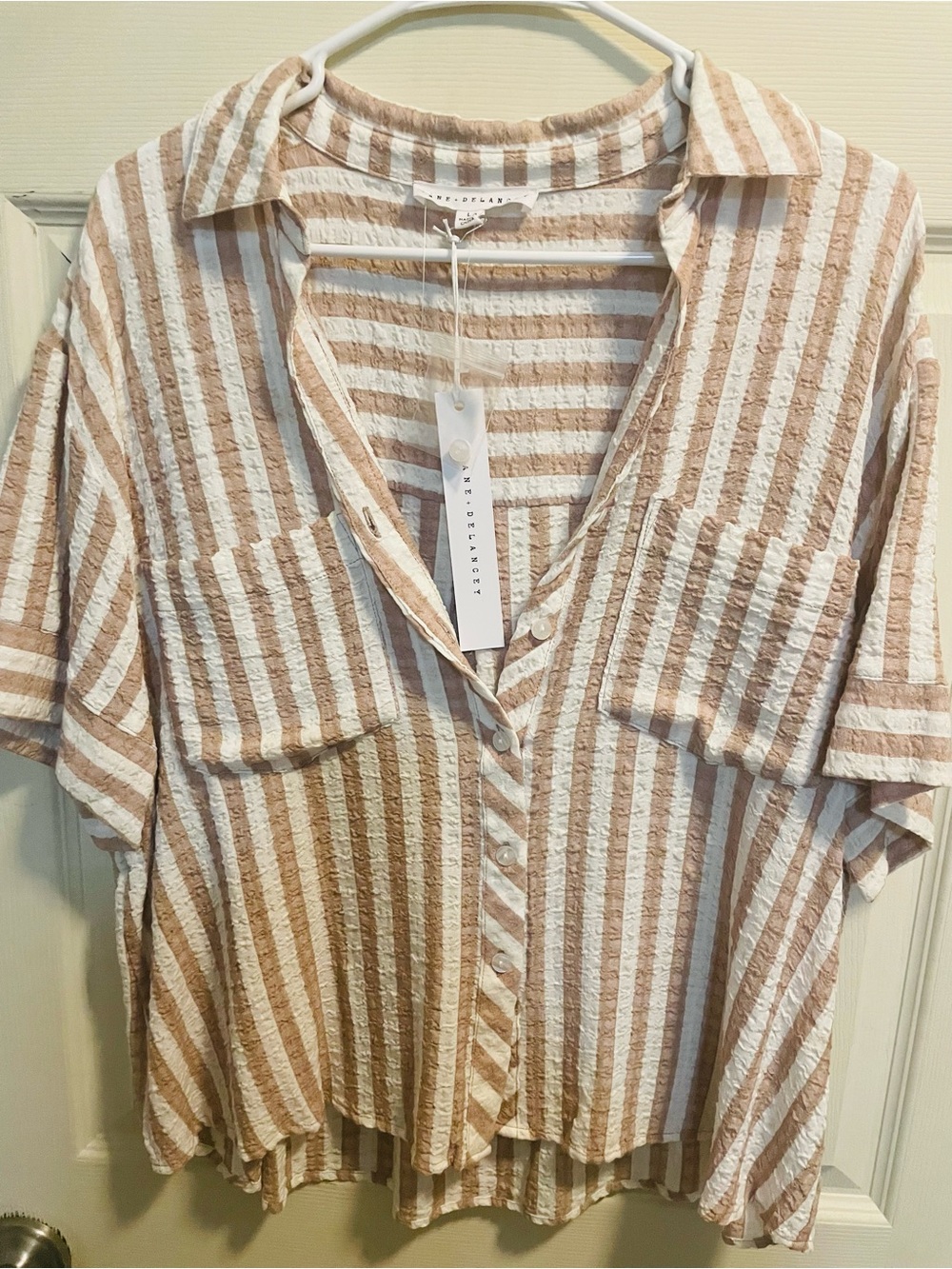Jane and Delancey Cream and Tan Striped Short-Sleeve Button-Down